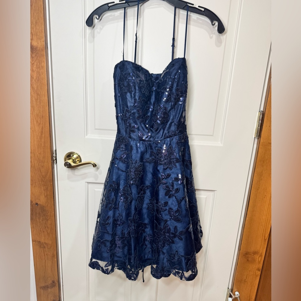 Windsor Navy Lace Sequin Dress Corset Back Fit & Flare Medium
